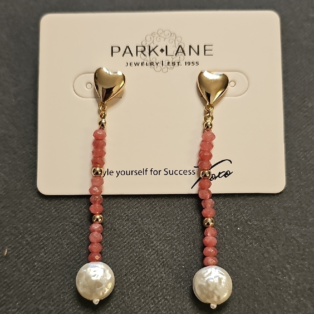 Park Lane Gold and Pink Dangle Earrings with Heart‎ At Top. Mother Pearl